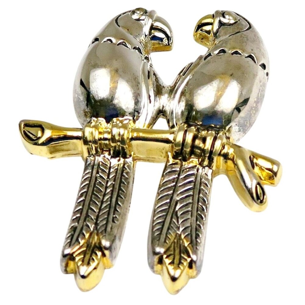 Vintage Lovebirds Brooch Signed Best – Silver Gold Tone Mid-Century Bird Pin - Picture 2 of 5